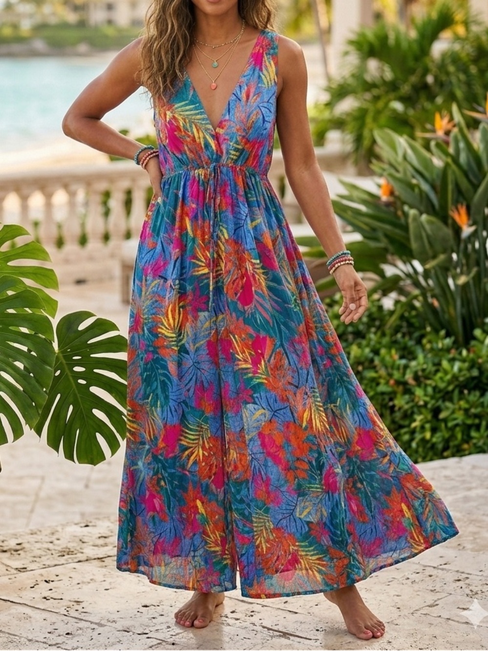 Kona Sol Tropical Floral Maxi Dress Deep V-Neck Sleeveless Coverup Boho🩷